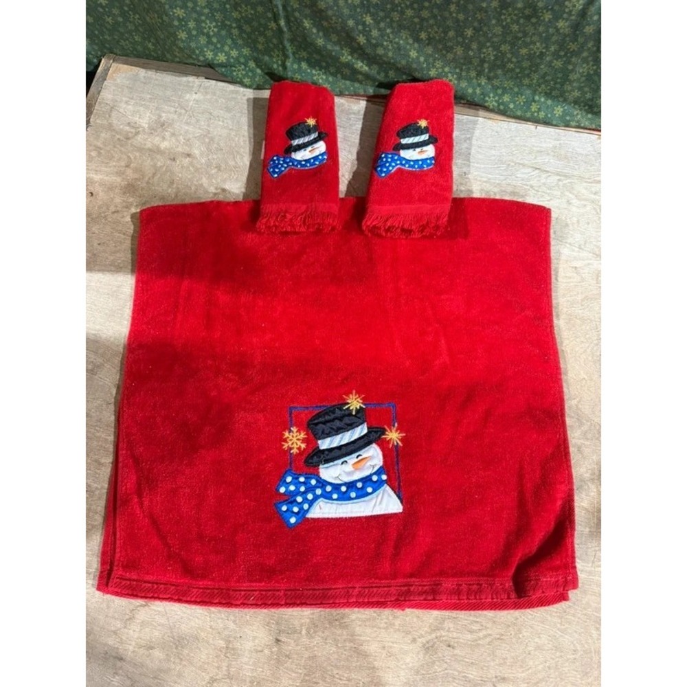 Christmas Snowman 3 Piece Towel Set Red Plush Terry
